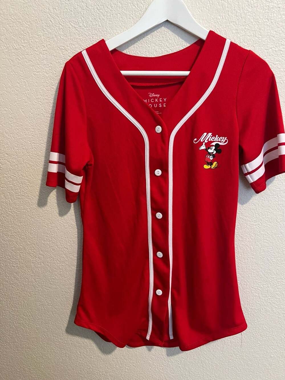 Disney Mickey Mouse #28 Women's Red Button-Down Baseball Jersey